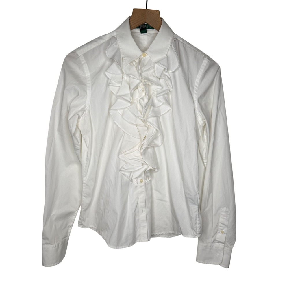 VTG Lauren Ralph Lauren Ruffle Blouse White Cotton Victorian Regencycore Preppy